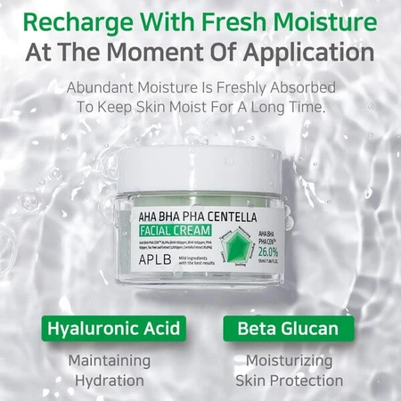 APLB AHA BHA PHA Centella Facial Cream, cremă de față exfoliantă și calmantă cu acizi și Centella Asiatica, 55 ml