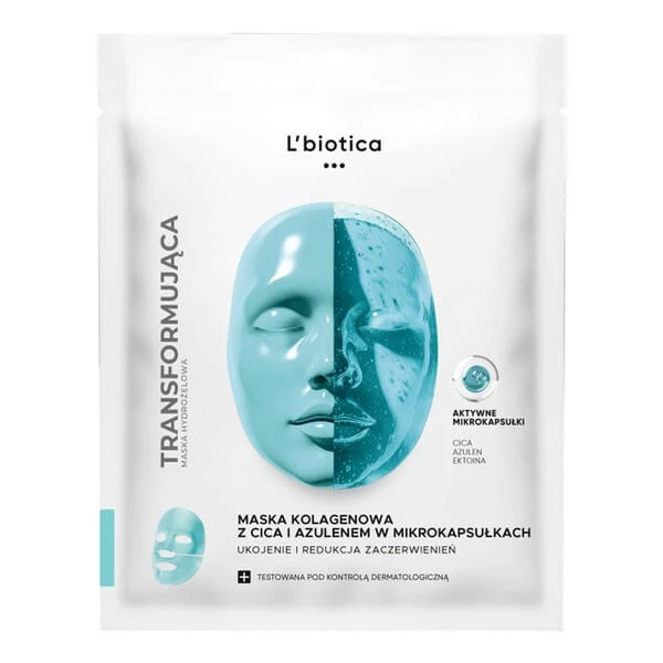 L'biotica, Kollagenmaske mit CICA und Azulen in Mikrokapseln, Beruhigend und Rötungen reduzierend, 1 Stk