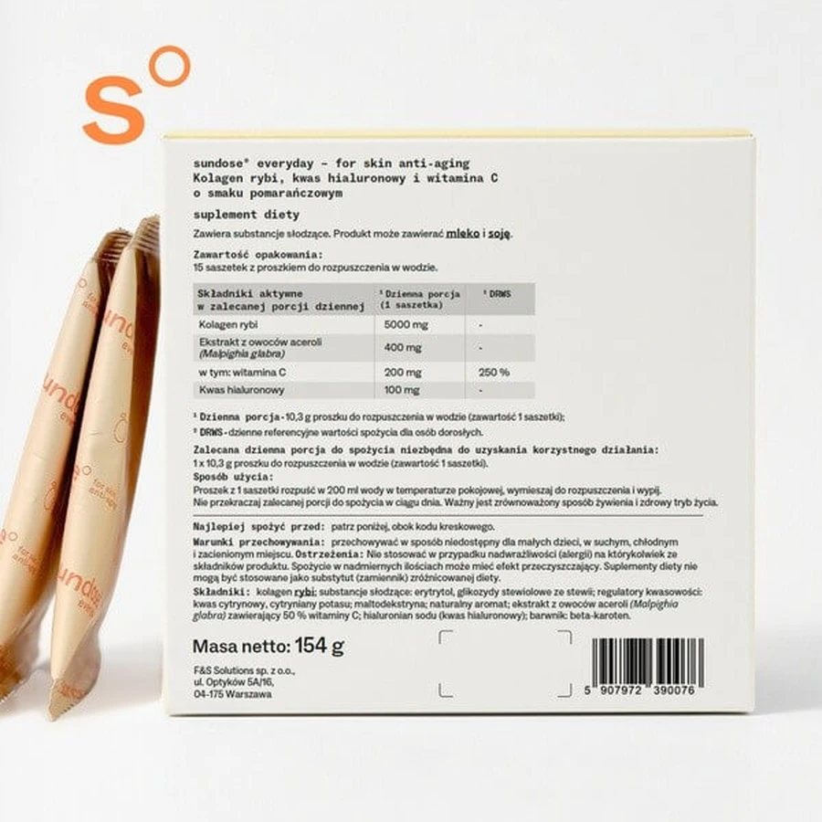 Sundose Everyday For Skin Anti-Aging, powder sachets, orange flavor, 15 pcs.