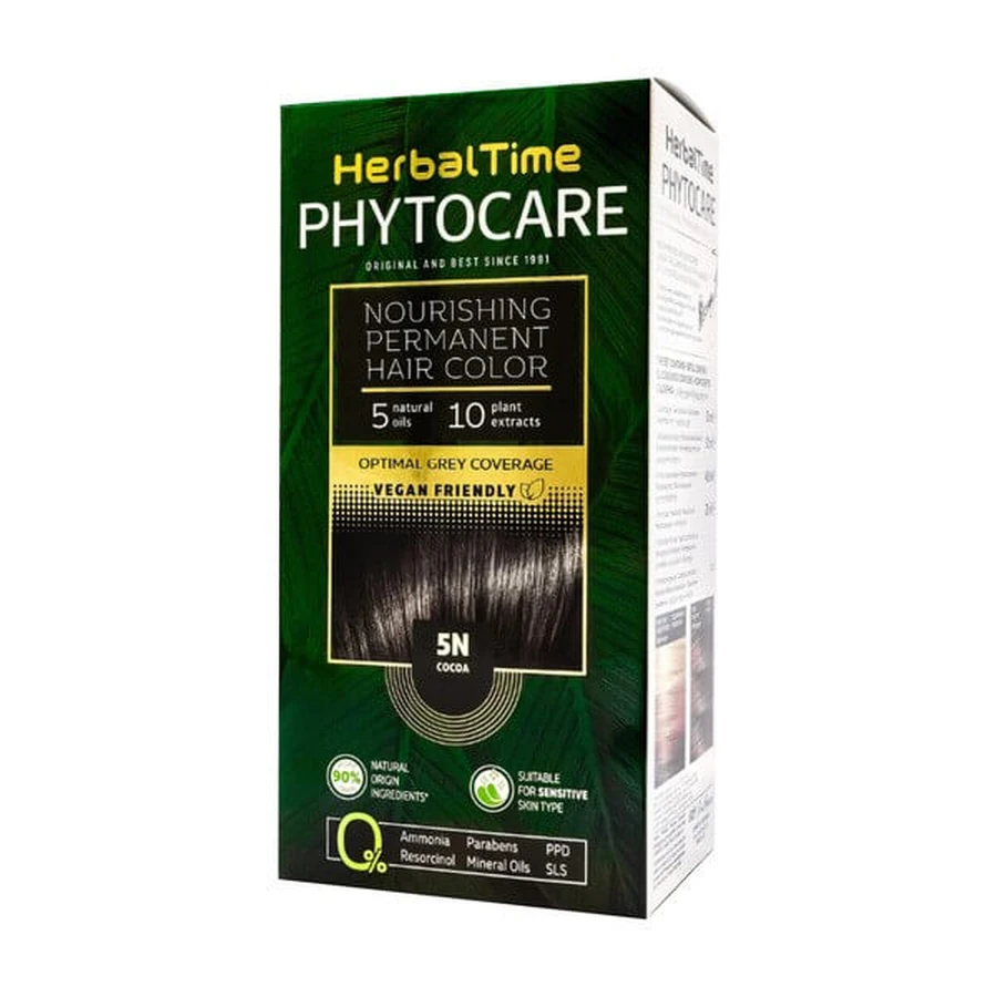 Herbal Time Phytocare, vopsea de păr 5N, cacao, 130 ml