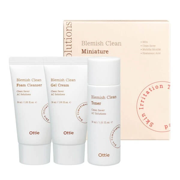 OTTIE Blemish Clean Miniature Set, Akne Pflegeset mit Toner, Creme-Gel und Schaum, 3 x 30 ml