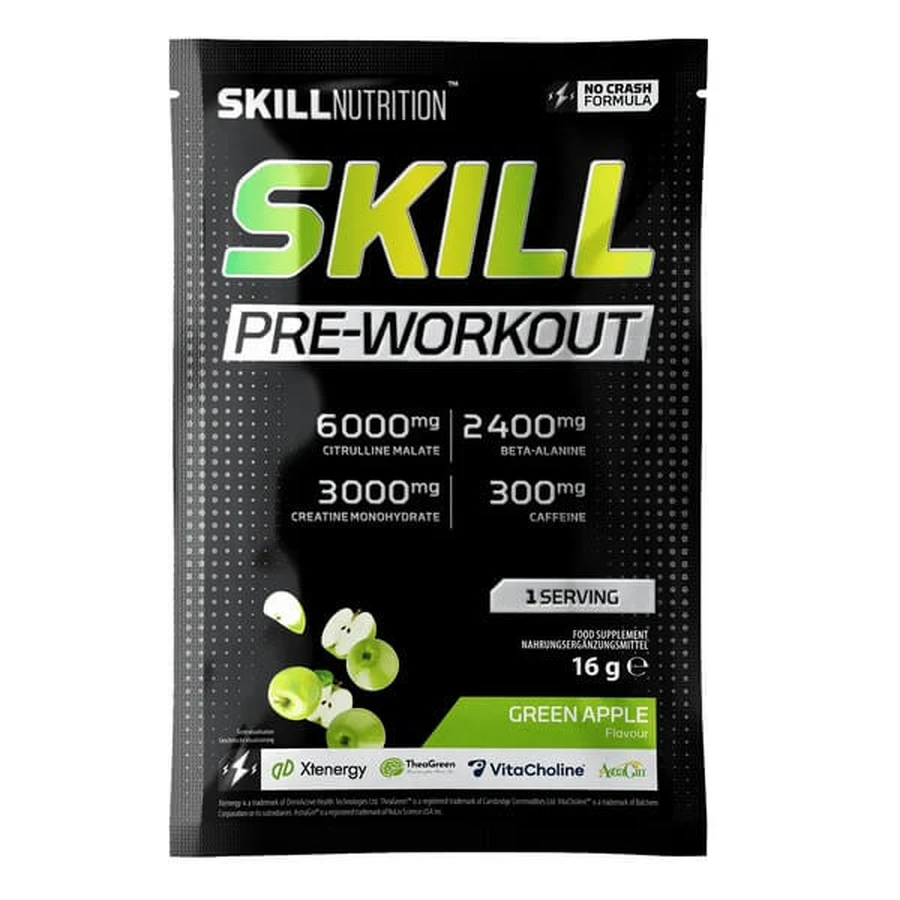 Skill Nutrition Pre-Entrenamiento, polvo, sabor manzana verde, 16 g