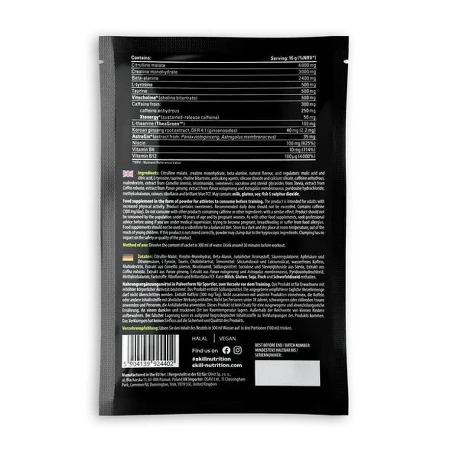 Skill Nutrition Pre-Entrenamiento, polvo, sabor manzana verde, 16 g