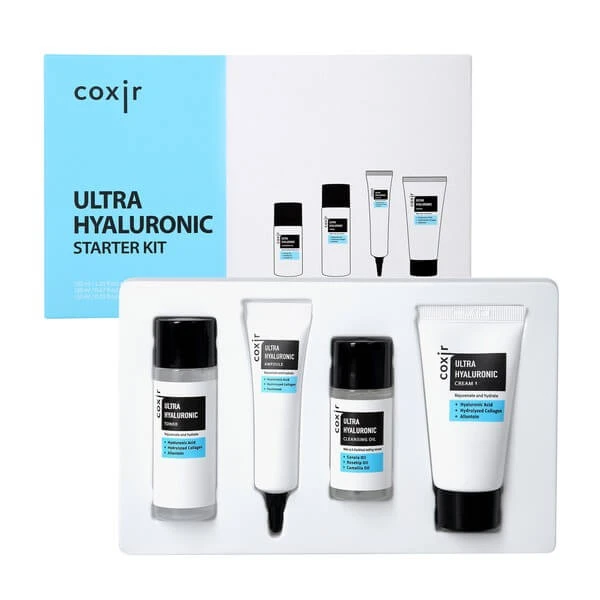 Coxir Ultra Hyaluronic Set, Abschminköl, 20 ml + Gesichtswasser, 30 ml + Ampulle, 10 ml + Creme, 20 ml