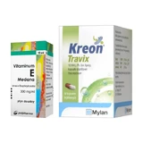 Set Kreon Travix, 10 000, capsule enterale, 50 buc. (flacon) + Vitaminum E, (300 mg / ml), picături, 10 ml (Medana)