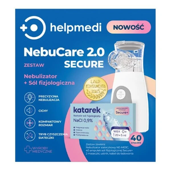 HelpMedi NebuCare 2.0 Secure, Vernebelungsset, Vernebler, 1 Stk. + Kochsalzlösung, 40 Stk