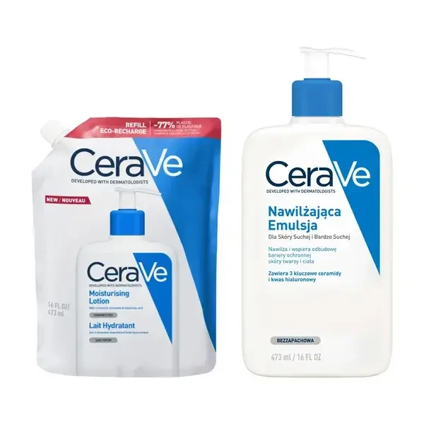 CeraVe Set, feuchtigkeitsspendende Emulsion für normale, trockene und sehr trockene Haut, 473 ml + Nachfüllpackung, 473 ml