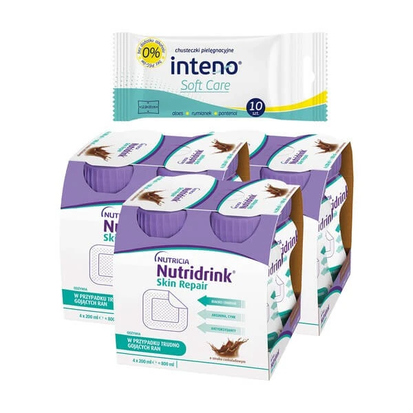 3er-Set Nutridrink Skin Repair, Schokogeschmack, flüssig, 4 x 200 ml + INTENO Soft Care, Pflegetücher, 10 Stück