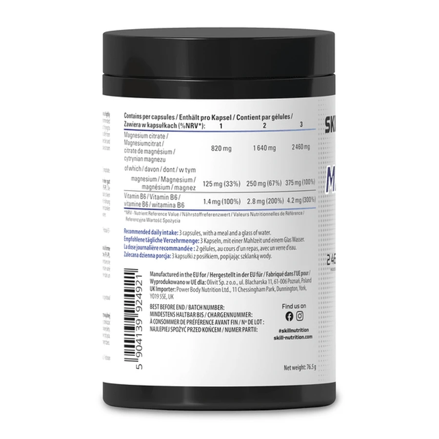 Skill Nutrition Magnesiumcitrat + B6, Hartkapseln, 90 Stück.
