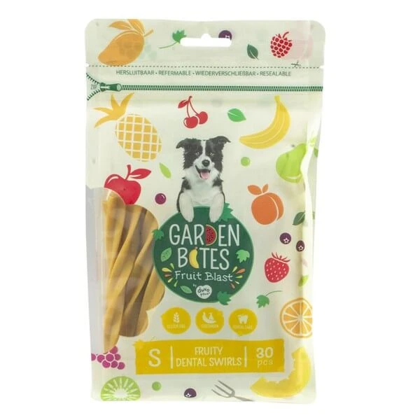 Garden Bites Fruit Blast, Fruity Dental Swirls, vegetarische Zahnleckerlis für Hunde, S, 13 cm x 30 Stück
