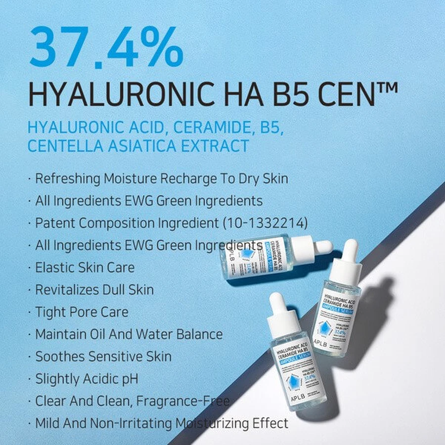 APLB Hyaluronic Acid Ceramide HA B5 Ampoule, ser hidratant facial cu acid hialuronic, ceramide și vitamina B5, 40 ml