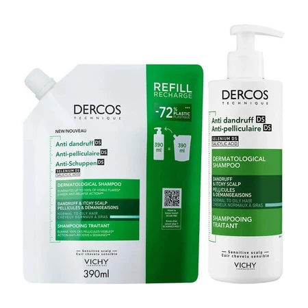 Zestaw Vichy Dercos DS, szampon przeciwłupieżowy, włosy normalne i przetłuszczające się, 390 ml + opakowanie uzupełniające, 390 ml: ceny i cechy