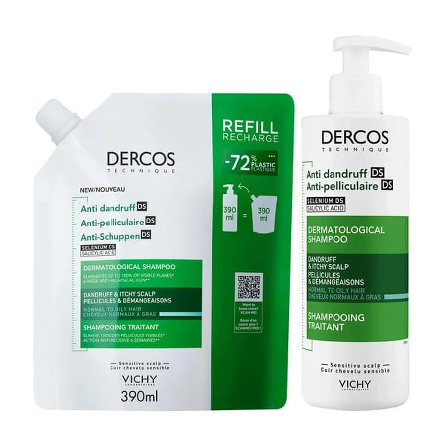 Zestaw Vichy Dercos DS, szampon przeciwłupieżowy, włosy normalne i przetłuszczające się, 390 ml + opakowanie uzupełniające, 390 ml: ceny i cechy