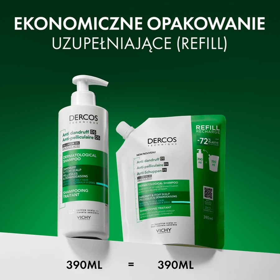 Zestaw Vichy Dercos DS, szampon przeciwłupieżowy, włosy normalne i przetłuszczające się, 390 ml + opakowanie uzupełniające, 390 ml: ceny i cechy
