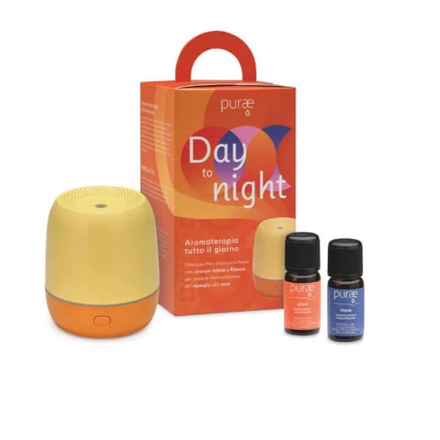 Purae Day to Night Mini Kit difuzor ultrasonic galben și portocaliu + Sinergie activă + Sinergie relaxantă