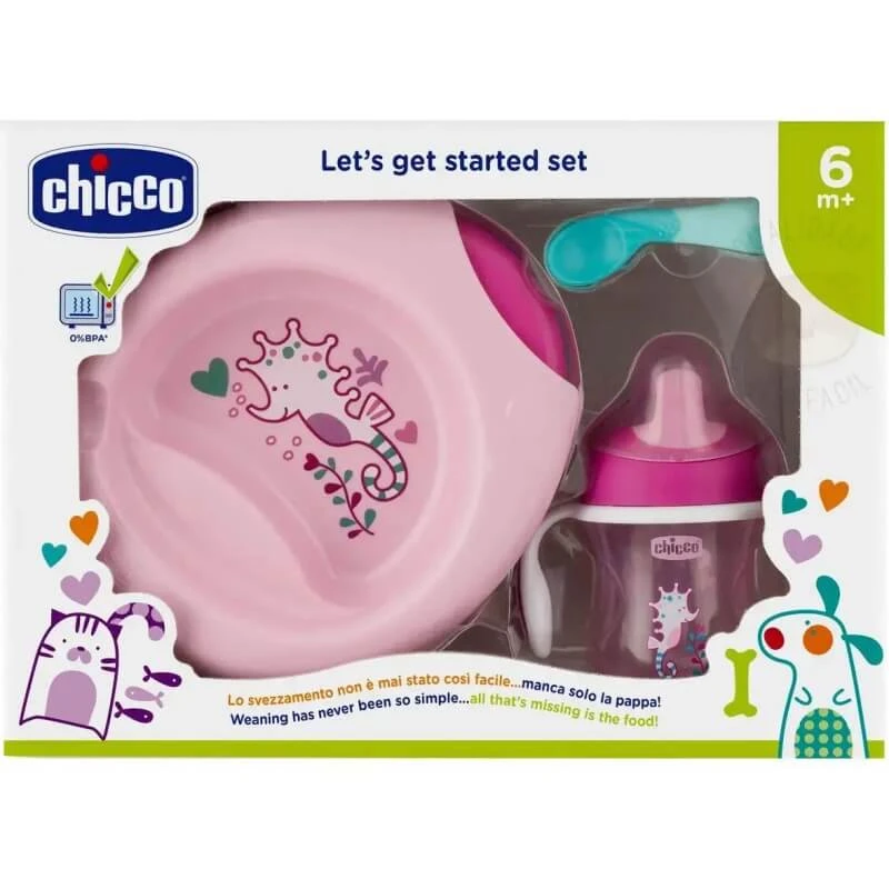 Chicco Babykost Set 6 Monate+ Teller Löffel und Tasse rosa
