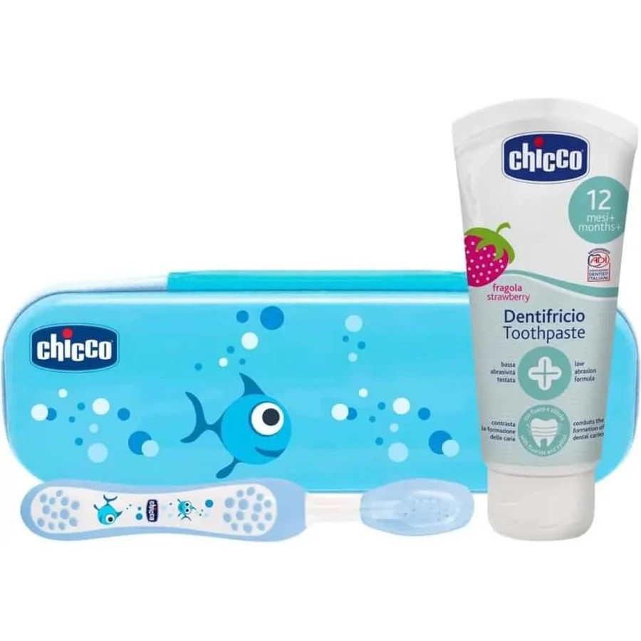 Chicco set igiene orale azzurro astuccio con spazzolino + dentifricio fragola 12m+