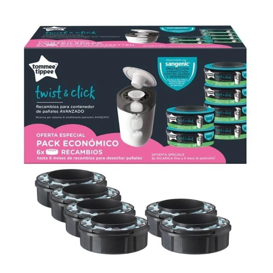 Sangenic Twist &amp; click - 6 recambios antibacterianos sostenibles para la eliminación de pañales