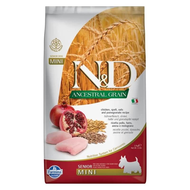 Farmina N&d ancestral grain senior mini Huhn und Granatapfel - Alleinfuttermittel für kleine ältere Hunde 2,5 kg