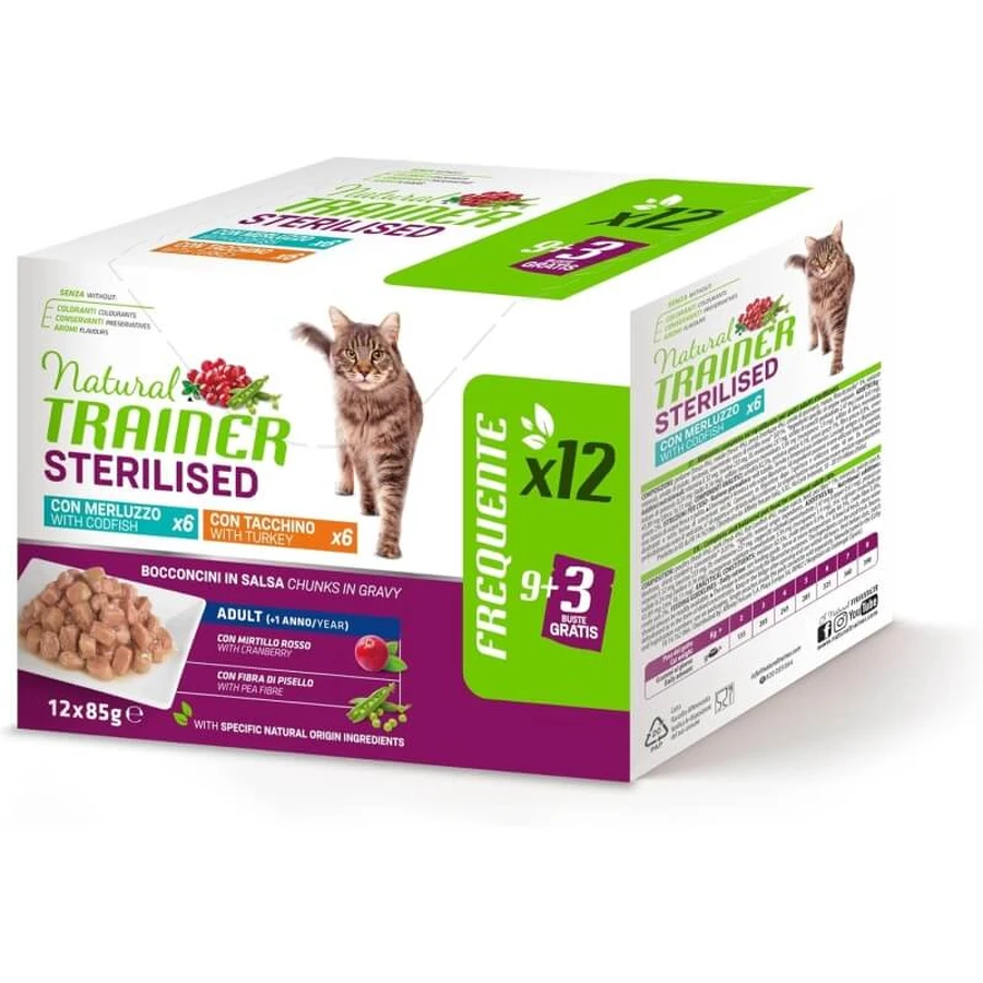 Natural trainer Cod și curcan - hrană completă pentru pisici adulte castrate 12 pliculețe 85 g