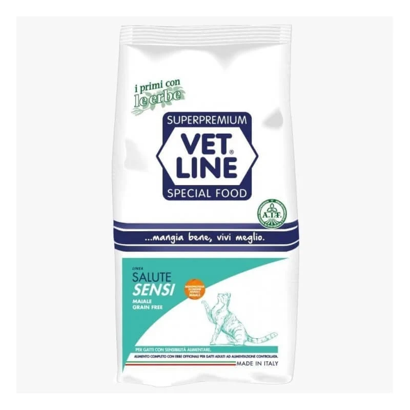 Vet line Health senses Schweinefleisch-Ente-Fisch - Alleinfuttermittel für ausgewachsene Katzen mit Nahrungsempfindlichkeiten 400 gr