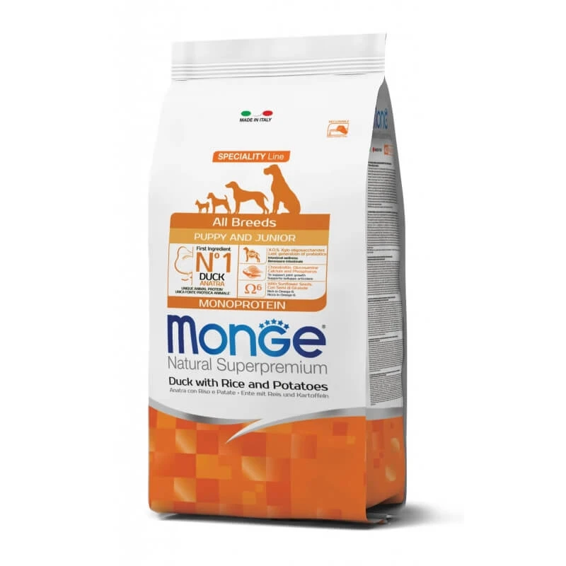 Monge Alle Rassen Welpen und Junior Monoprotein Ente mit Reis und Kartoffeln - Trockenfutter für Hunde 12 kg