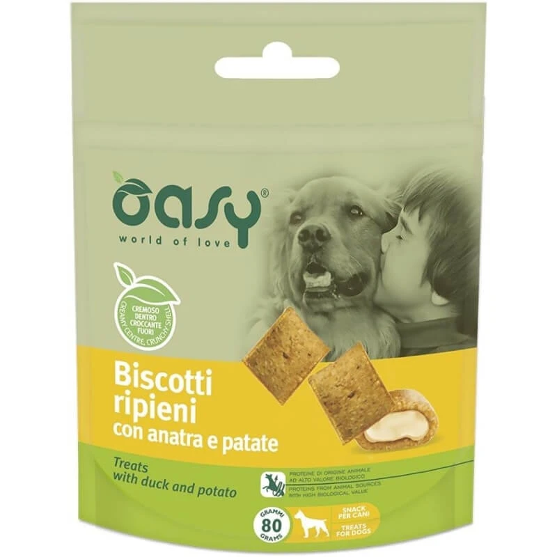 Oasy Snack Hundekekse gefüllt mit Ente und Kartoffeln - Ergänzungsfuttermittel für erwachsene Hunde 80 gr