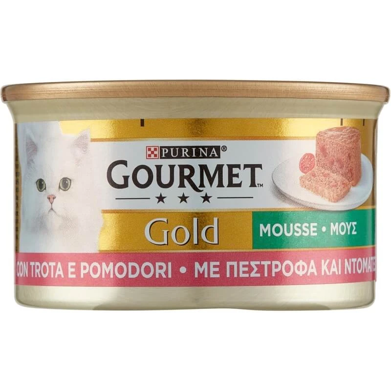 Purina Gourmet Gold Mousse Forelle und Kirschtomaten - Alleinfuttermittel für ausgewachsene und säugende Katzen 85 gr
