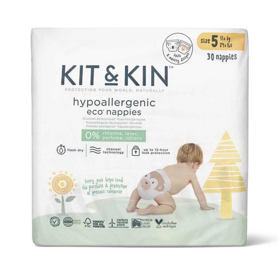 Scutece Hipoalergenice Eco Kit&Kin, Marimea 5, 11 kg+ , 120 buc