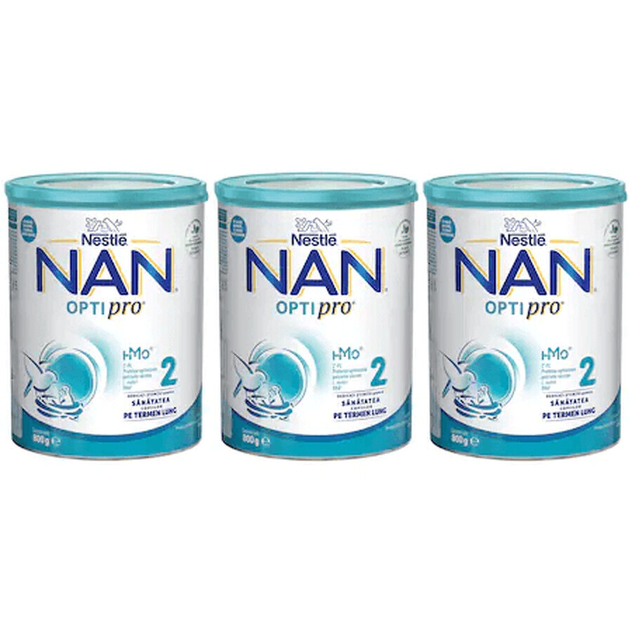 Pachet formula lapte Nan 2 Optipro HMO, +6 luni, 3x 800g, Nestle