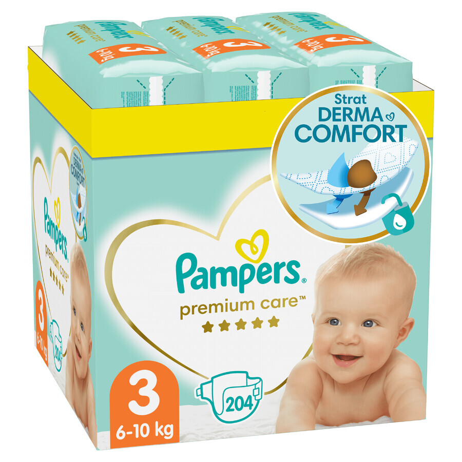 Scutece Premium Care XXL Box, Nr.3, 6-10 kg, 204 buc, Pampers