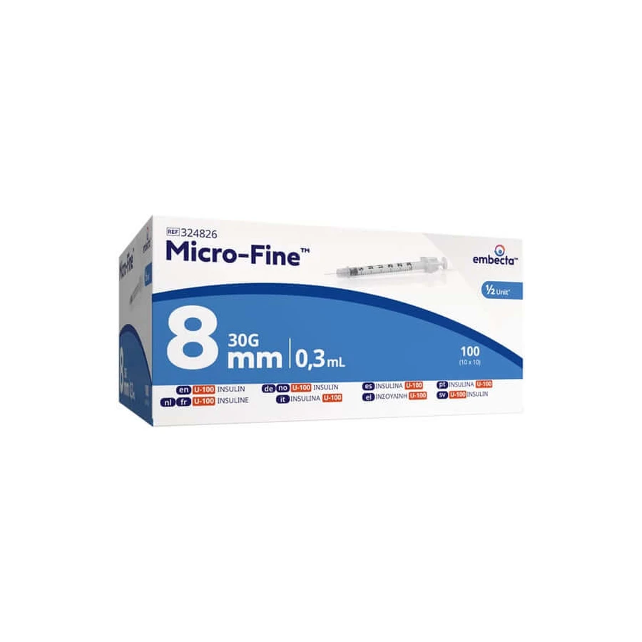 Seringă pentru insulină cu ac ultrafin U100, 0,3 x 8 mm, 100 buc.
