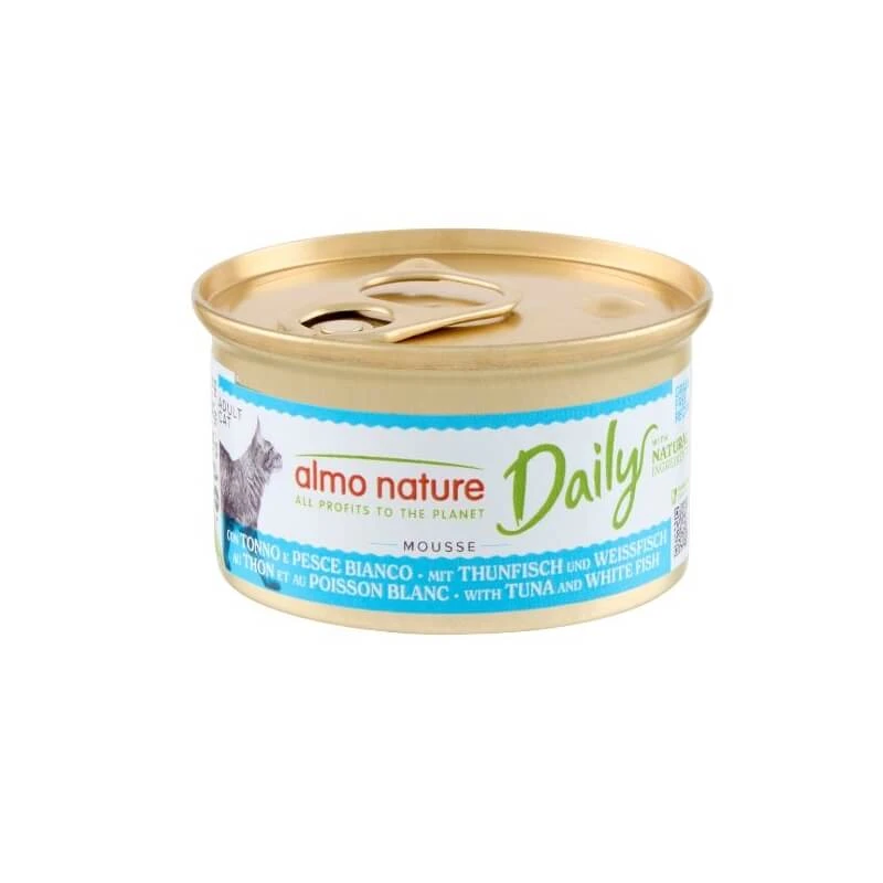 Almo Nature Daily Thunfisch- und Weißfisch-Mousse – Alleinfuttermittel für ausgewachsene Katzen, 85 g