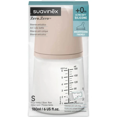 Suavinex Zero zero – biberon anticolic cu debit lent, fără imprimeu, 180 ml