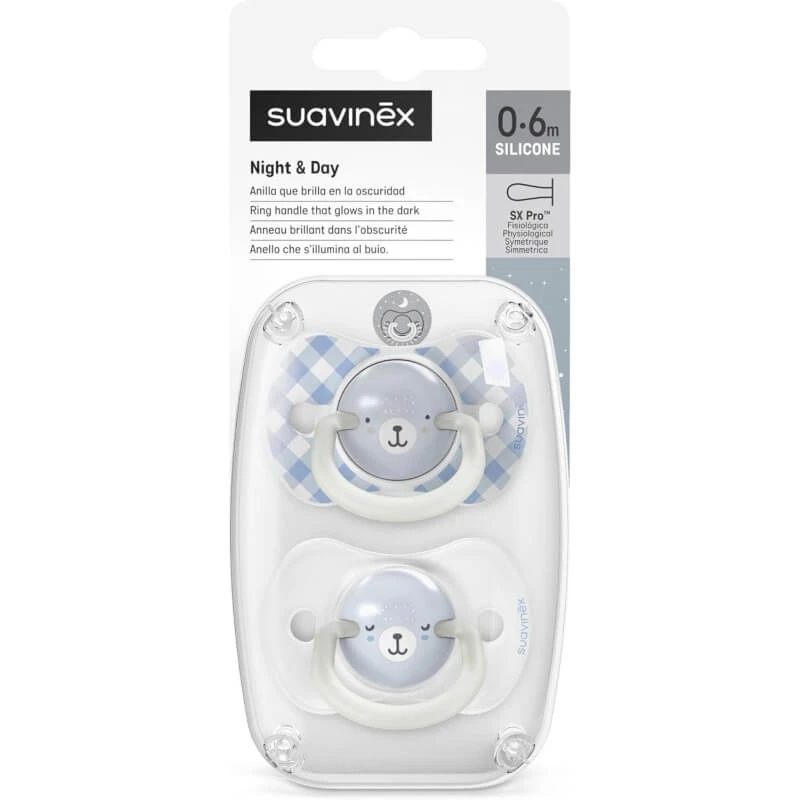 Suavinex night&day – 2 im Dunkeln leuchtende Silikon-Schnuller, für Linkshänder, 0–6 Monate, hellblau