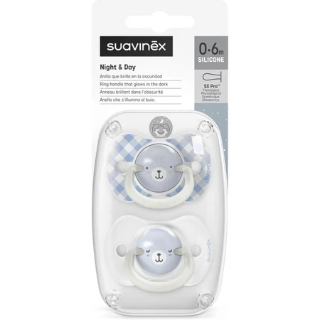Suavinex night&amp;day - 2 chupetes de silicona que brillan en la oscuridad, para zurdos, de 0 a 6 meses, azul claro