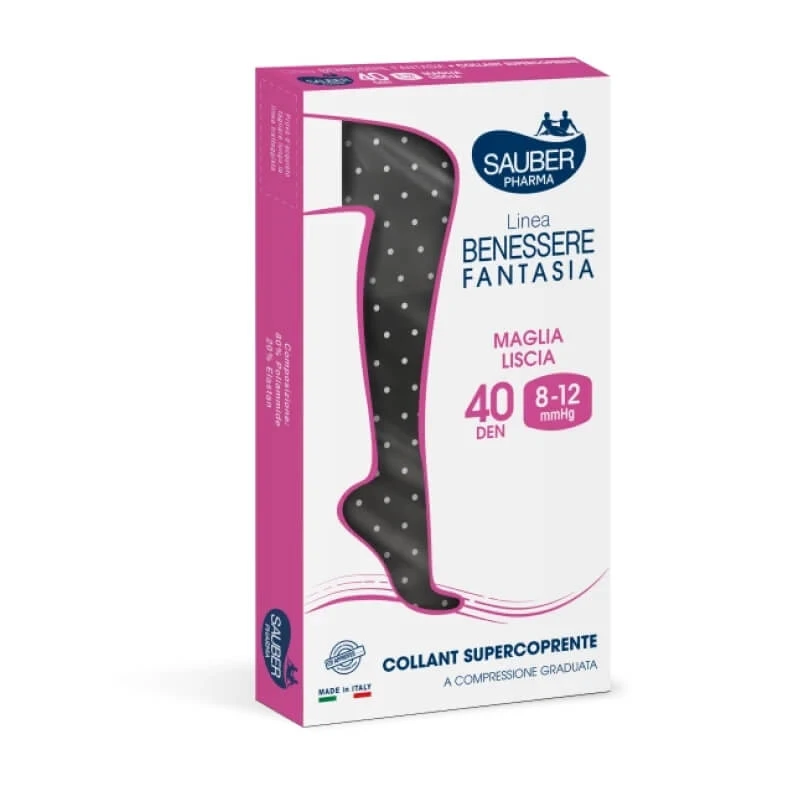 Sauber Wellness Line – 40-Denier-Strumpfhose (8–12 mmHg) mit vollständiger Bedeckung, weiße Punkte auf schwarzem Hintergrund, Größe 3