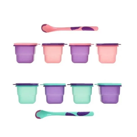 Set pentru diversificare Kiokids – 4 lingurițe și borcănașe cu capac, de culoare roz