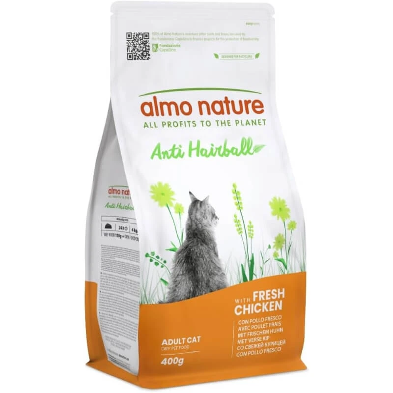 Almo Nature Anti-Haarballen Huhn – Alleinfuttermittel gegen Haarballen für ausgewachsene Katzen, 400 g