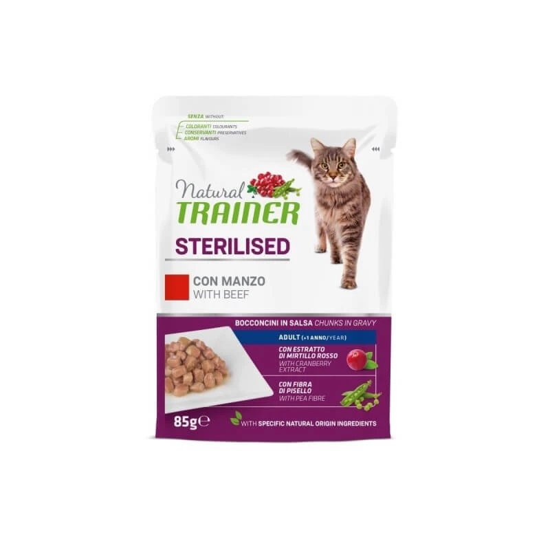 Natural Trainer Adult Sterilized Beef Bites – Alleinfuttermittel für kastrierte Katzen, 85 g