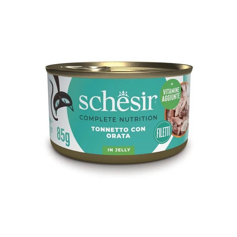 Schesir Thunfisch in Gelee mit Seebrasse – Alleinfuttermittel für ausgewachsene Katzen, 85 g