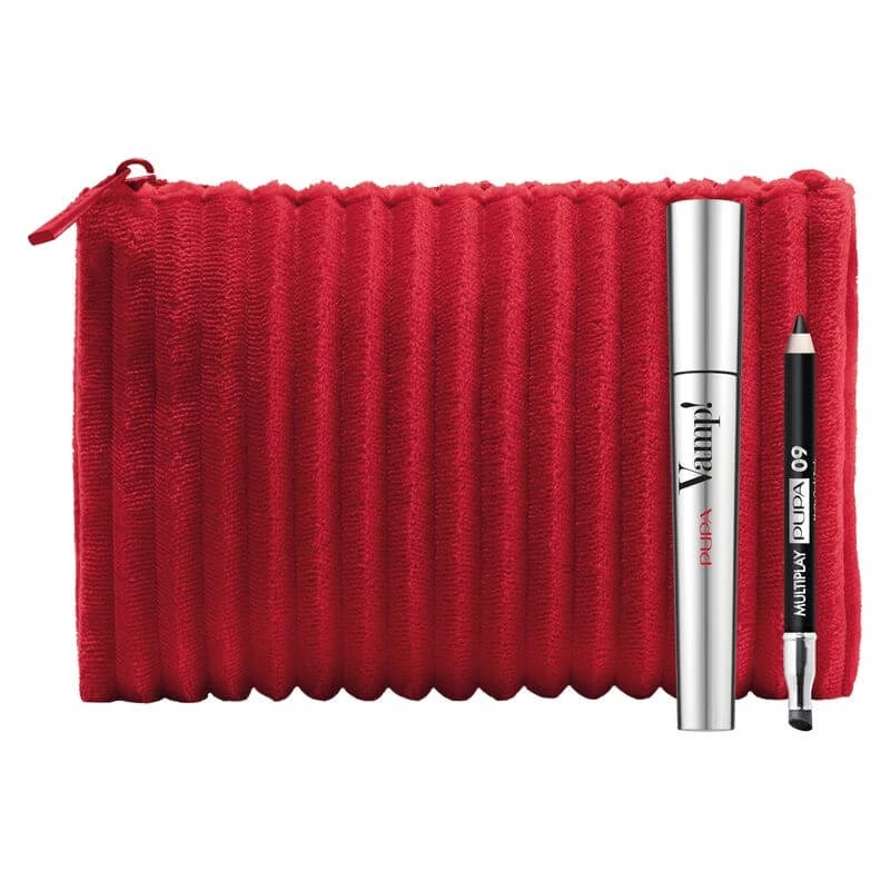 Pupa Vamp! Set: Mascara & Mini Multiplay – Mascara Nr. 100 Extra Black + Augenstift in Mini-Größe + Kosmetiktasche