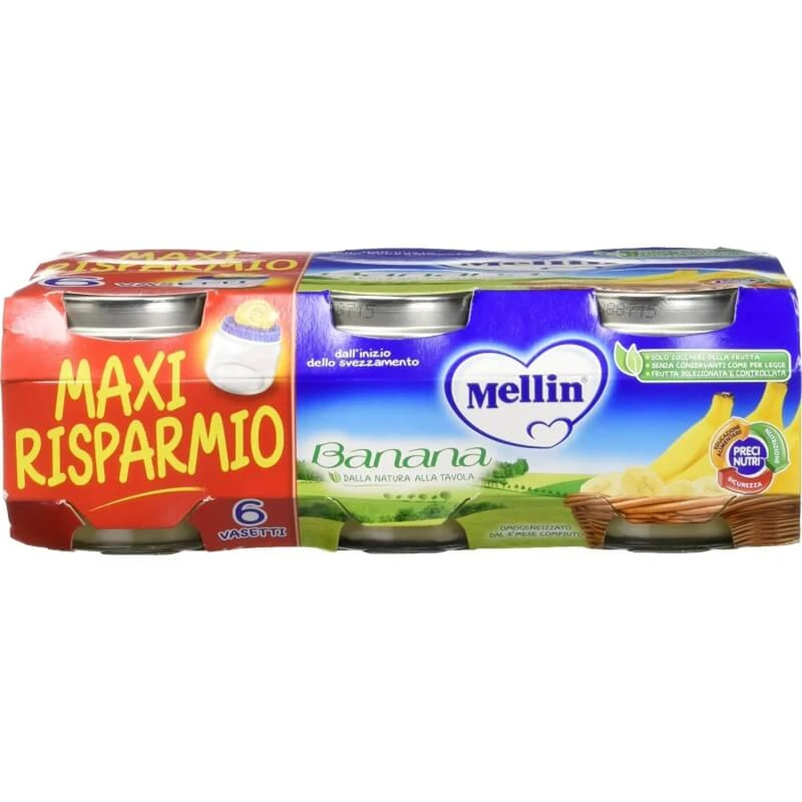 Mellin – jedzenie dla niemowląt o smaku bananowym, 6 słoiczków po 100 g każdy: ceny i cechy