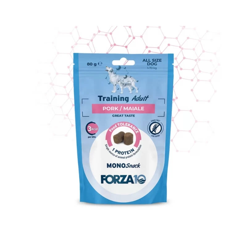 Forza10 Mono Adult Schweinefleisch-Trainingssnacks – Ergänzungsfuttermittel für ausgewachsene Hunde, 80 g