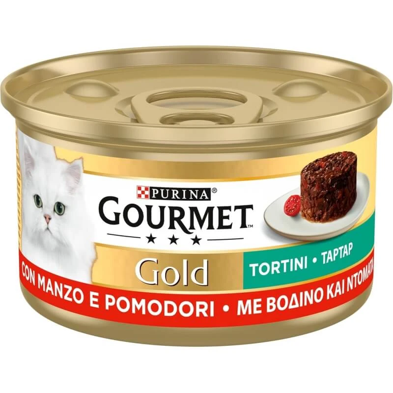 Purina Gourmet Gold Rindfleisch- und Tomatenhäppchen – Alleinfuttermittel für ausgewachsene Katzen, 85 g