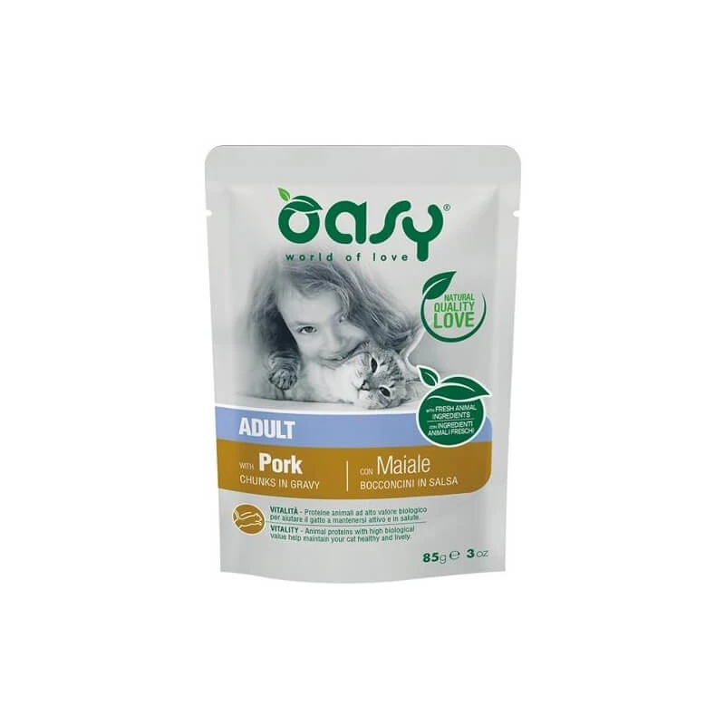 Oasy Adult Pork Bites – Alleinfuttermittel für erwachsene Katzen, 85 g