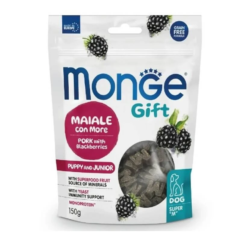 Monge Gift mit Schweinefleisch und Brombeeren – Snack für heranwachsende Welpen, 150 g