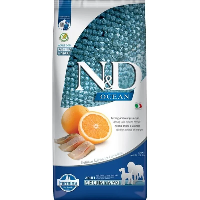 Farmina N&d Ocean Adult Medium & Maxi mit Hering und Orange – Alleinfuttermittel für Hunde, 12 kg