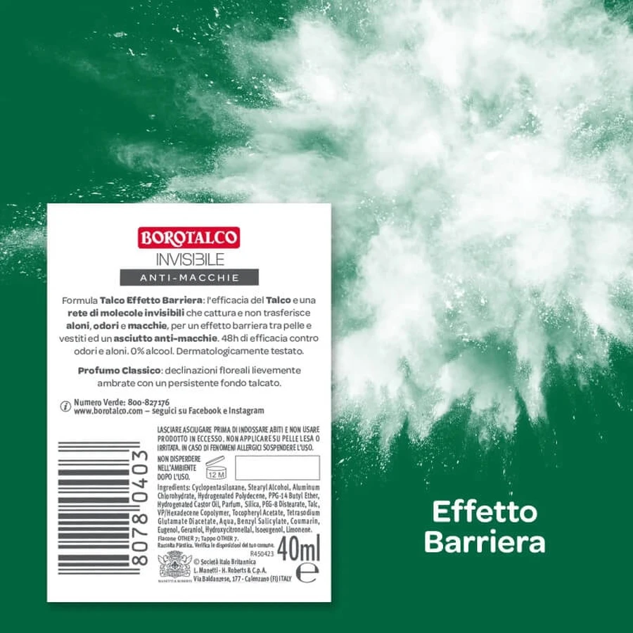 Invisible Borotalco - 48-Hour Barrier-Effect Talc Deodorant, Gas-Free Spray, 75 ml