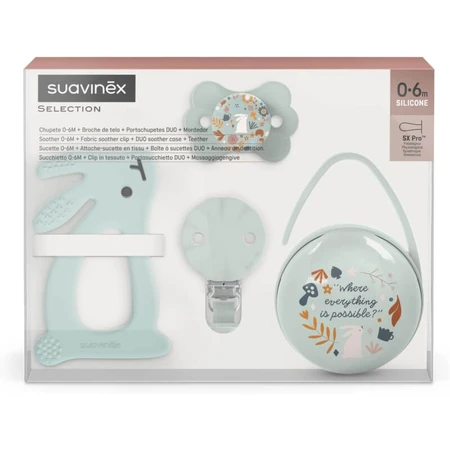 Suavinex Wonder-cadeauset: 2 fopspenen (0–6 maanden), clip en groene bijtring